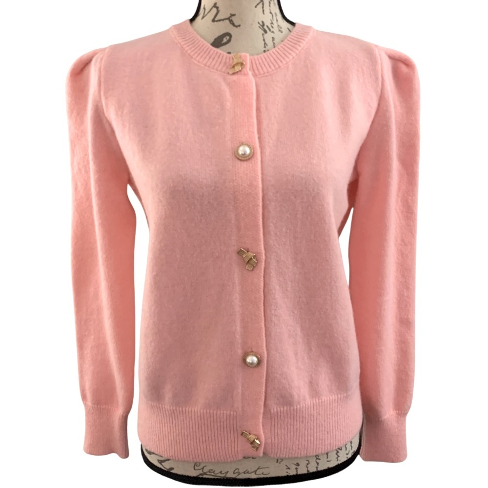 NEW Elegant Decorative Gold and Pearl Button Front Cardigan Sweater Light Pink S